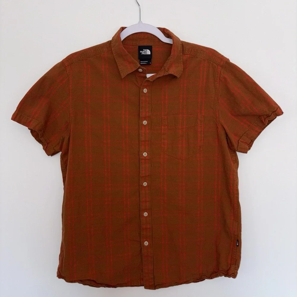 The North Face Mens Shirt Size Large Brown Orange Plaid Lumberjack Outdoor Hike